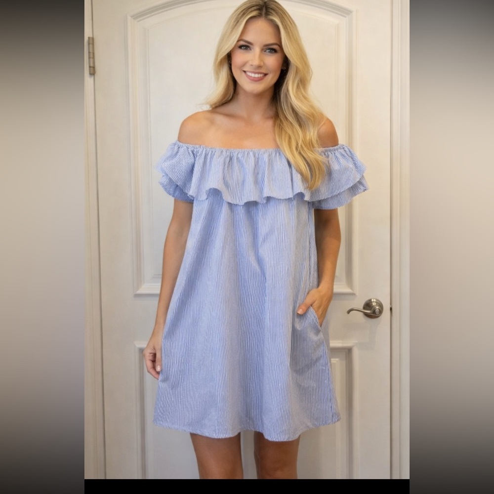 Striped Off-Shoulder Ruffle Summer Dress - Light Blue